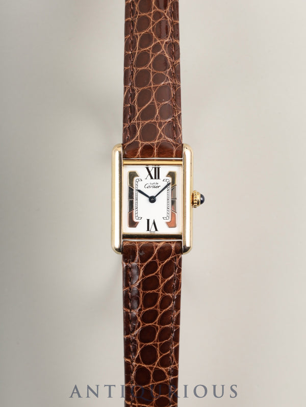 Cartier Must Tank SM W1006354 / 1613 Quartz Caliber 057 SV925 Leather Strap with Genuine D-Buckle (GP) Side Trinity Dial (SWISS Marking) Circa 1996-1998 Overhauled