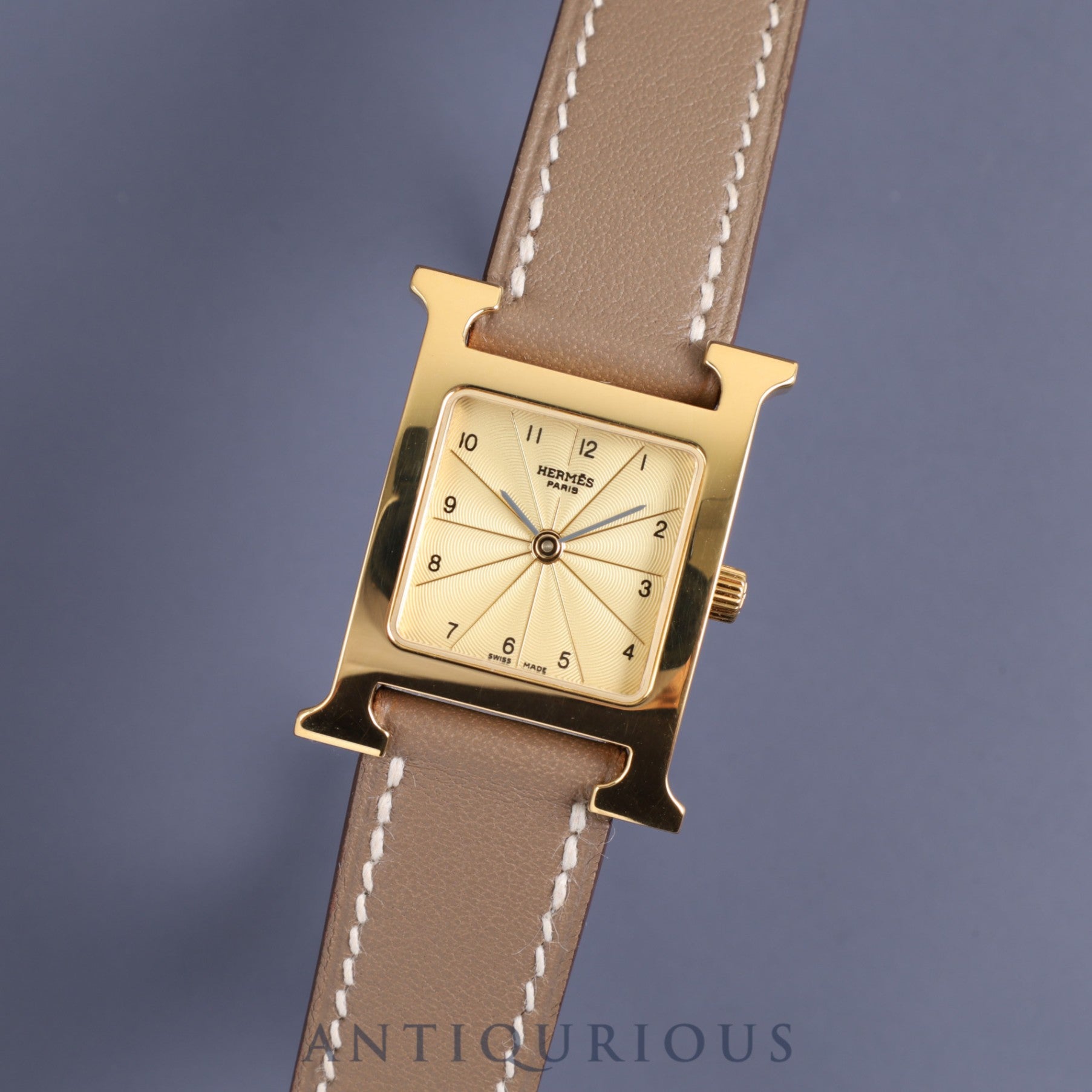 Hermes H Watch HH1.201 Quartz GP Genuine Leather Strap Gold Dial Box Warranty (2004) Overhauled