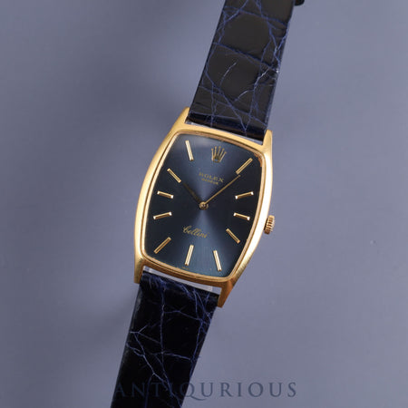 ROLEX CELLINI 3807 Manual winding Cal.1600 YG Leather Genuine buckle (GP) Blue dial No. 27 (1969) Overhauled