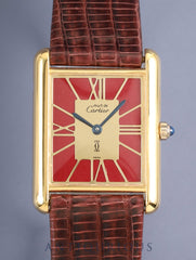 Cartier Must Tank LM 6 81006 Quartz Cal.81 SV925 Leather Original Pin Buckle (GP) Bordeaux Cloisonné Dial (SWISS marking) Overhauled, Polished