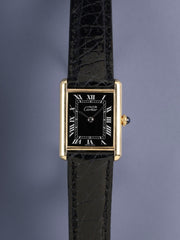 Cartier Must Tank LM, manual winding, Cal. 78-1, SV925, leather, genuine pin buckle (GP), black Roman dial (SWISS MADE inscription), fully serviced at a Cartier boutique.