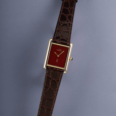 カルティエ マストタンク LM 手巻き Cal.78-1 SV925 革 純正ピンバックル（GP）ガーネットダイアル ボルドー文字盤（SWISS表記）オーバーホール済み