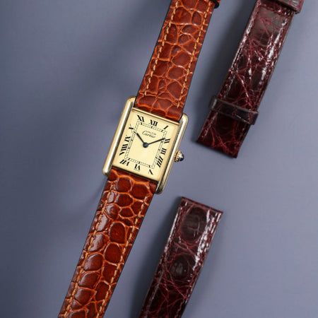 カルティエ マストタンク LM 590005 クォーツ Cal.90 SV925 革 純正尾錠（GP）アイボリーローマン文字盤 オーバーホール済み