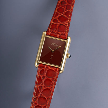 カルティエ マストタンク LM 手巻き Cal.78-1 SV925 革 純正ピンバックル（GP）ガーネットダイアル ボルドー文字盤（SWISS表記）オーバーホール済み