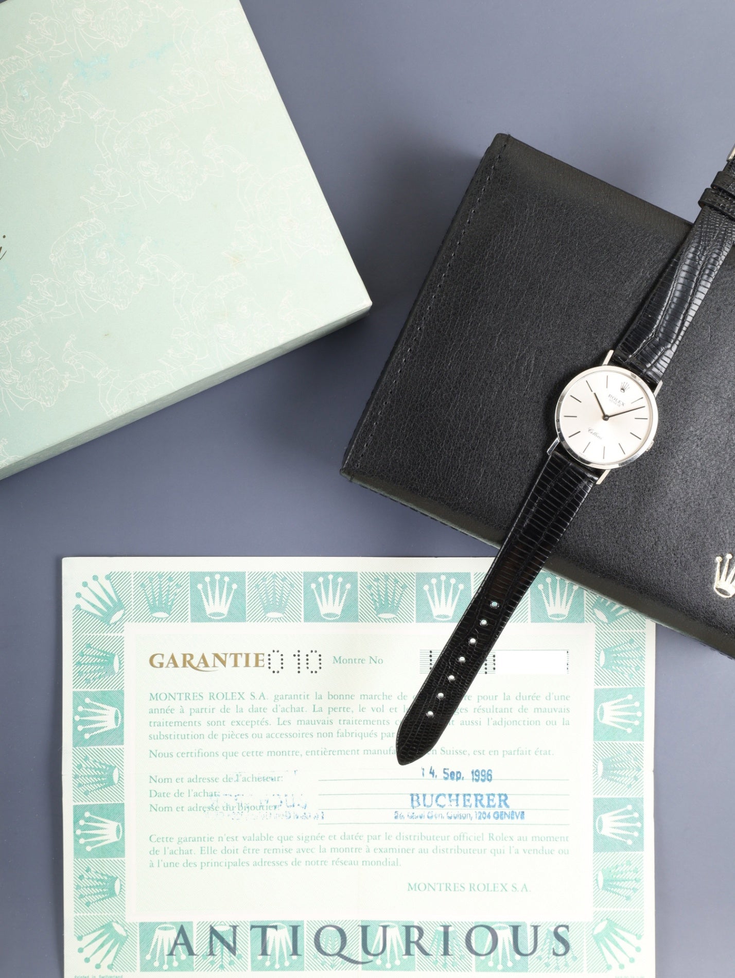ロレックス チェリーニ 4112/9 手巻き Cal.1601 750WG 革 純正ピンバックル（750WG）シルバー文字盤 W番台（1994-1995年） 保証書（1996年）冊子 オーバーホール済み