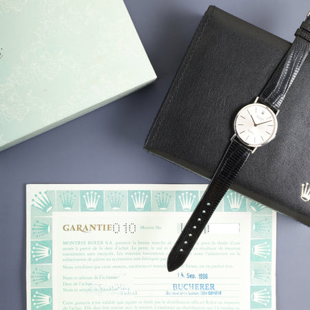 ロレックス チェリーニ 4112/9 手巻き Cal.1601 750WG 革 純正ピンバックル（750WG）シルバー文字盤 W番台（1994-1995年） 保証書（1996年）冊子 オーバーホール済み