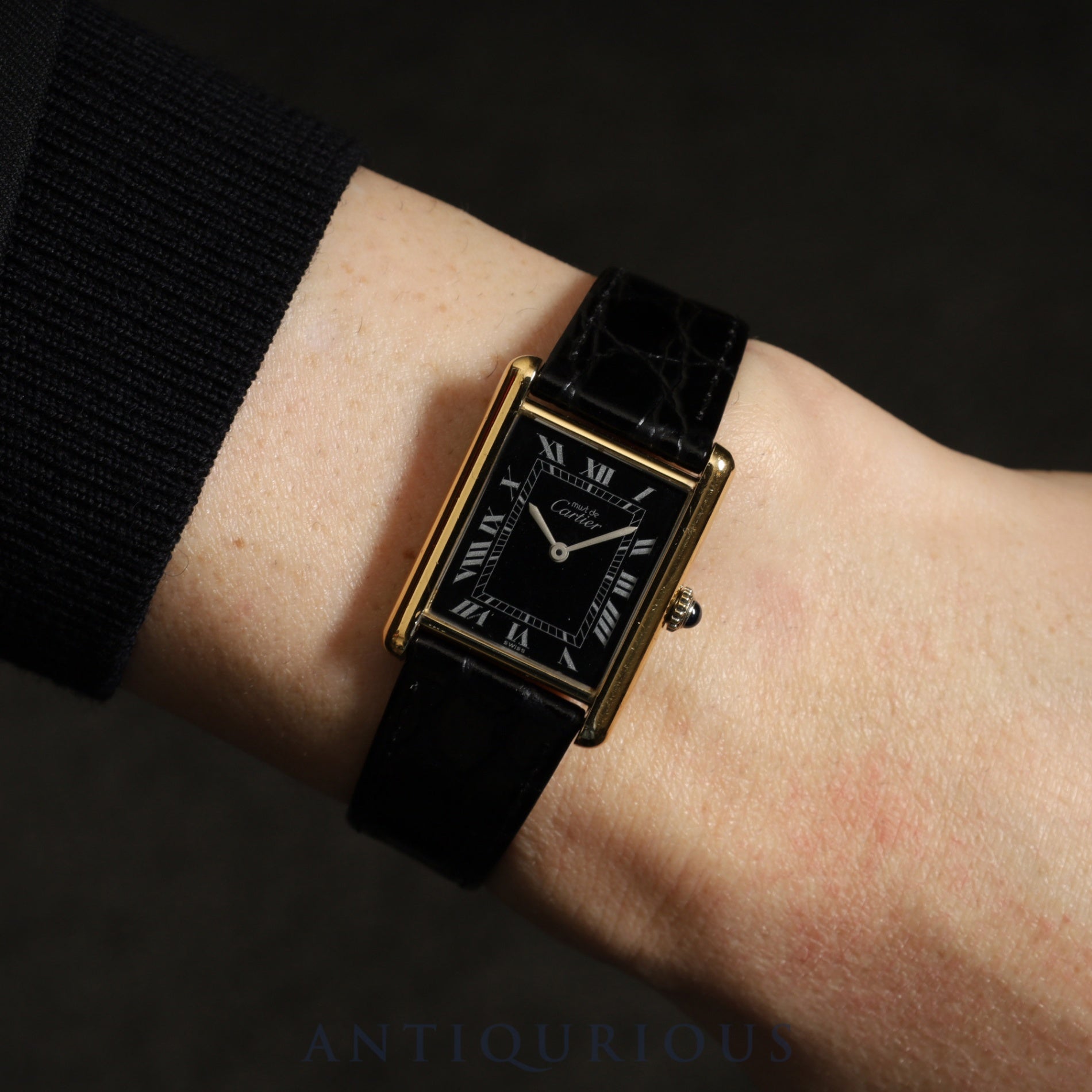 Cartier Must Tank LM Manual Winding Cal. 78-1 SV925 Leather Genuine Buckle (GP) Black Roman Dial Warranty Overhauled