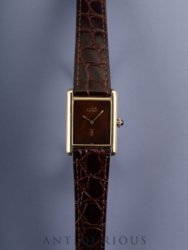 Cartier Must Tank LM, manual winding, Cal. 78-1, SV925, leather, genuine buckle (GP), mahogany dial (SWISS markings), circa 1976-early 1980s, overhauled.