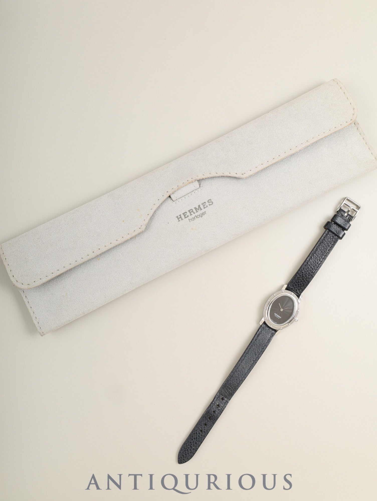 Hermes Clipper Oval CO1.210 Quartz Cal.976.001 Stainless Steel, Original Strap (□E stamp: 2001), Original Pin Buckle (Stainless Steel), Black Dial, Case Overhauled