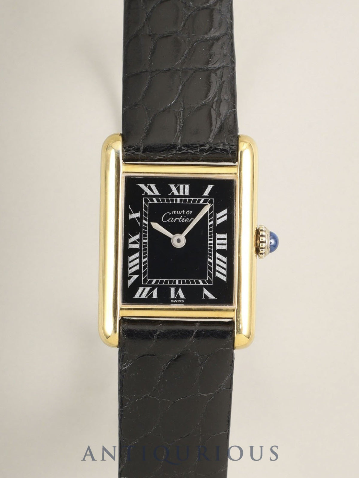 Cartier Must Tank SM 3-hand manual winding Cal.78-1 SV925 leather, genuine pin buckle (GP), black Roman dial (SWISS表記), overhauled, polished