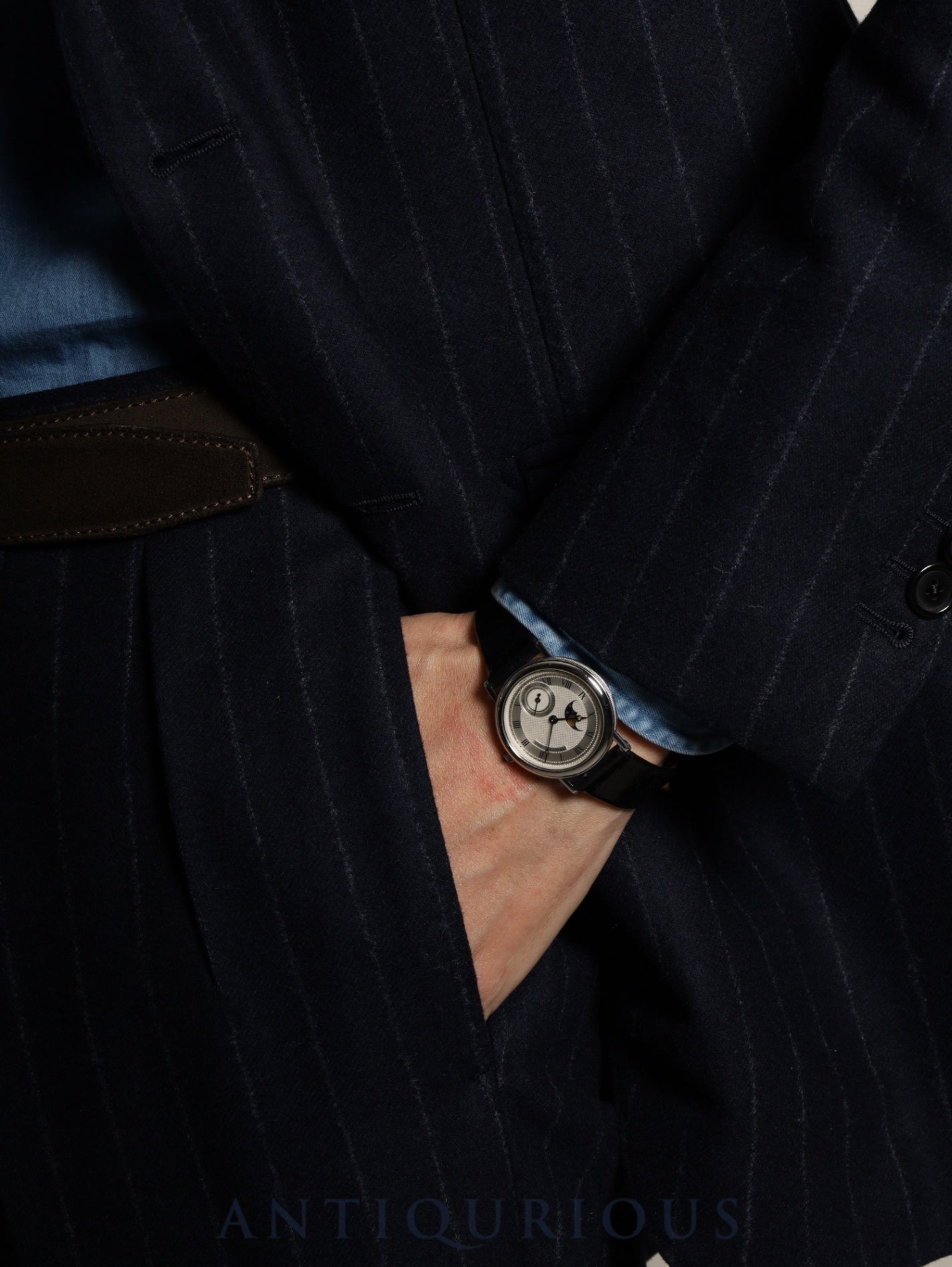 Breguet Crackle Moonphase 3280BB, manual winding, Cal. 818/4, 750WG, leather strap, original pin buckle (750WG), silver Roman numeral dial, box, recently overhauled.