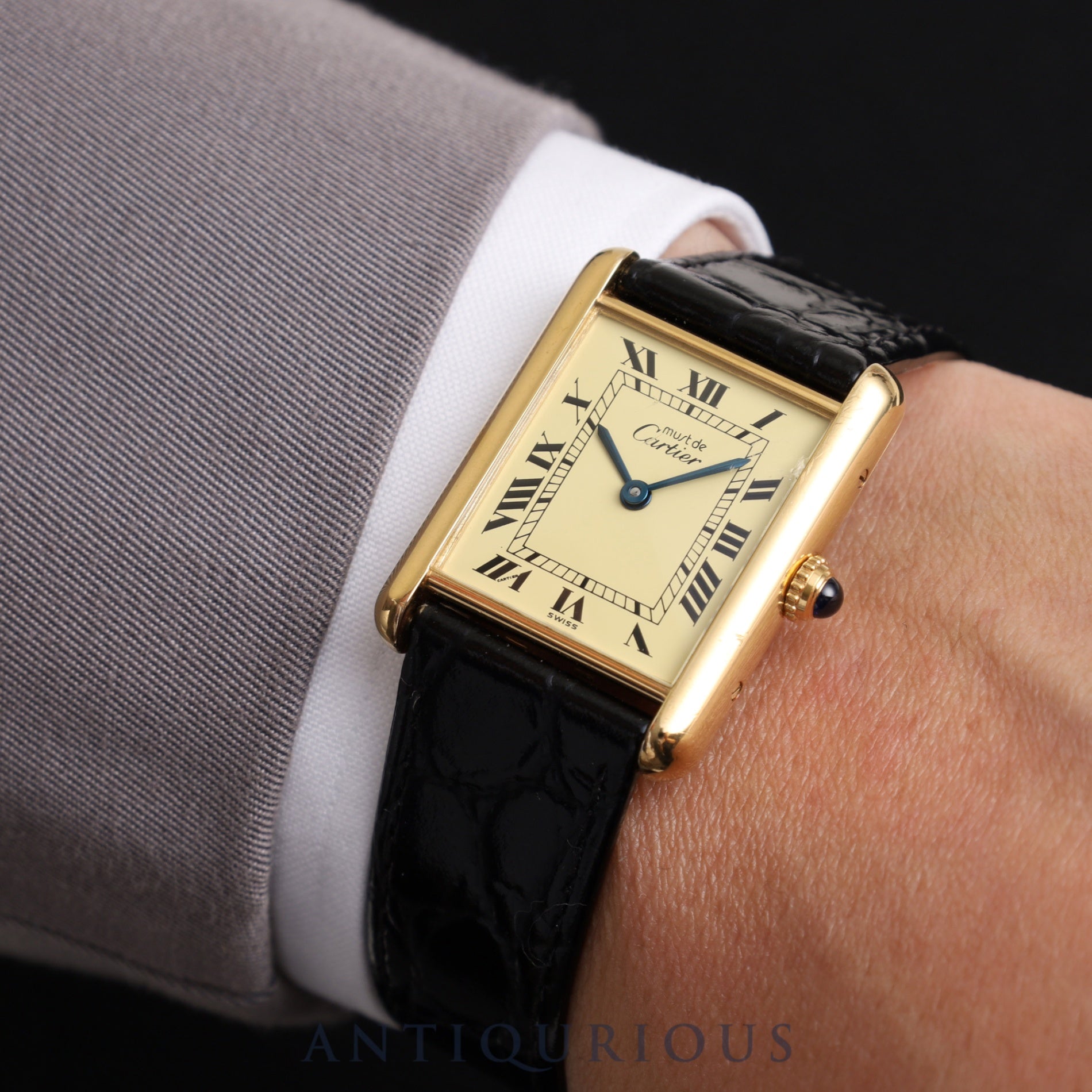 Cartier Must Tank LM 590005 Quartz Cal.90 SV925 Leather Genuine Buckle (GP) Ivory Roman Dial Overhauled