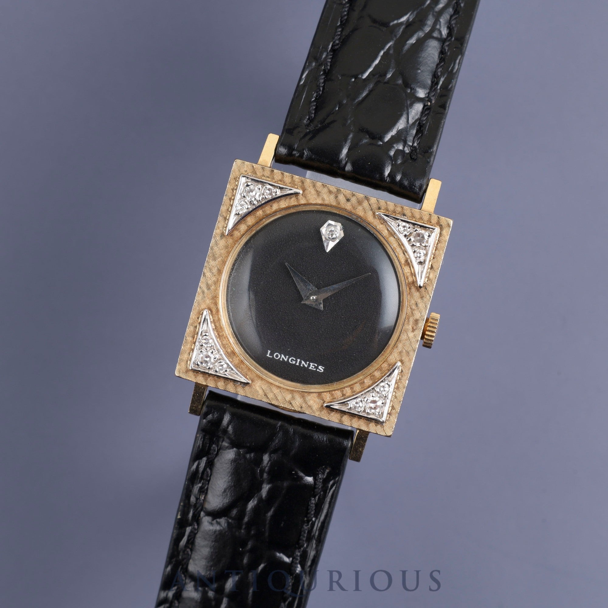 Longines Tuxedo Watch, Hand-wound, Cal.528, 14KT, Leather, Black Dial, 25.5 x 25.5mm, 1950s, Overhauled