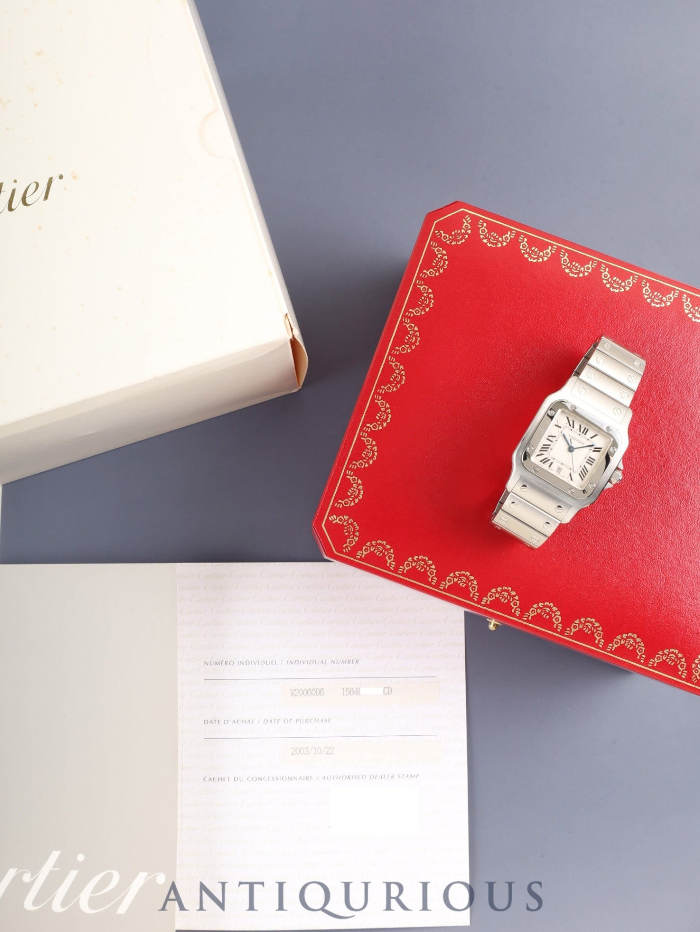 カルティエ サントス ガルベ LM W20060D6 / 1564 クォーツ Cal.687 SS SS ホワイトローマン文字盤（SWISS MADE表記） 箱 冊子 保証書（2003年）カルティエ修理証明書（2009年）オーバーホール済み