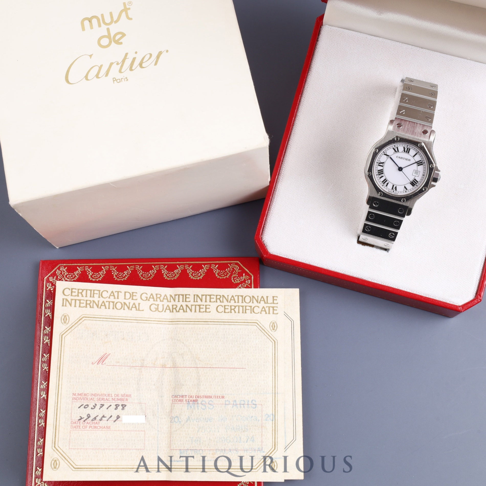 Cartier Santos Octagon LM 2965 Automatic SS SS White Roman Dial Box Warranty (no date) Complete service (full maintenance) completed at Cartier boutique