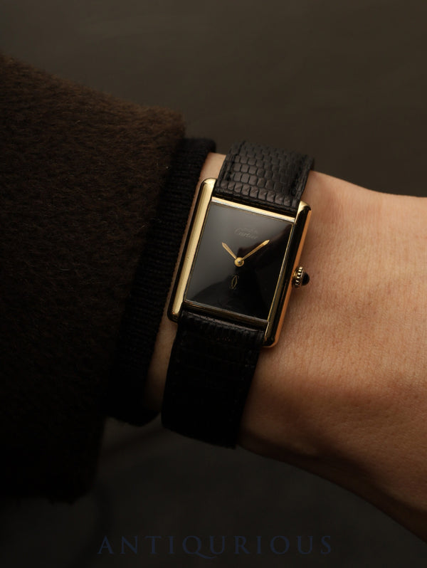 Cartier Must Tank LM, manual winding, Cal. 78-1, SV925, genuine leather strap, genuine buckle (GP), onyx dial, circa 1976-1981, overhauled.