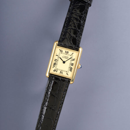 カルティエ マストタンク LM 590005 クォーツ SV925 革 純正尾錠（GP）アイボリーローマン文字盤（SWISS MADE表記）新品仕上げ済み カルティエブティックにてコンプリートサービス（フルメンテナンス）済み