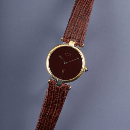 カルティエ マスト ヴァンドーム VLC LM クォーツ SV925 革 純正尾錠（GP）ボルドー文字盤 ガーネットダイアル カルティエブティックにてコンプリートサービス済み