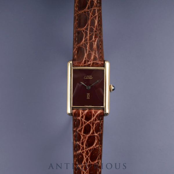 Cartier Must Tank LM Manual Winding Caliber 78-1 SV925 Leather Strap with Genuine GP Buckle, Garnet Dial, Bordeaux Dial, Overhauled