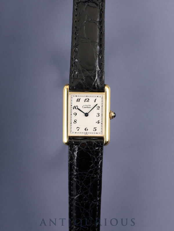 Cartier Must Tank LM 590005 Quartz Caliber 90 SV925 Leather Strap with Genuine D-buckle (GP) Arabic Dial Overhauled and Polished to Look Like New