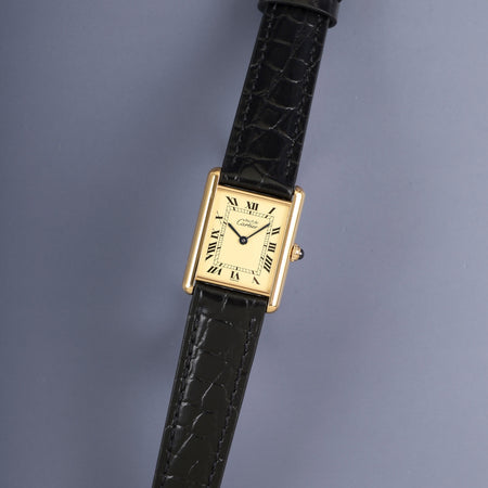 カルティエ マストタンク LM 1615 クォーツ SV925 革 純正尾錠（GP）アイボリーローマン文字盤（SWISS表記） オーバーホール済み