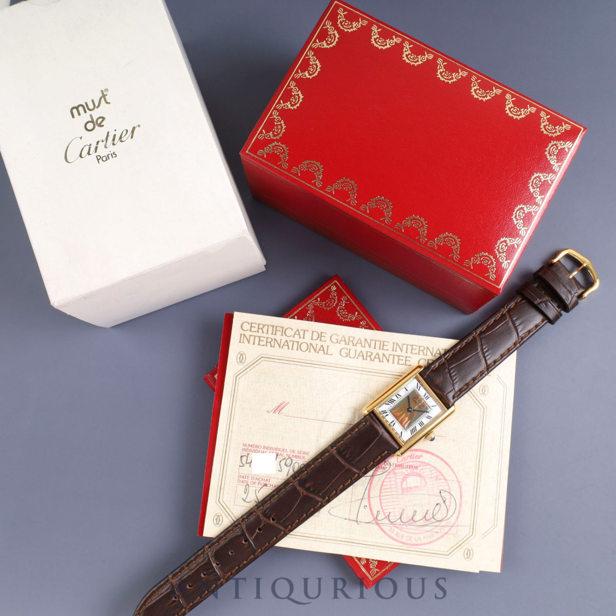 Cartier Must Tank LM 590005 Quartz SV925 Leather Genuine Buckle (GP) Front Trinity Dial Box Booklet Warranty (1990) Complete service completed at Cartier boutique