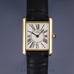 Cartier Must Tank LM 1615 Quartz Caliber 90 SV925 Leather Watch with Genuine D-Buckle (GP) Opalescent Dial Overhauled
