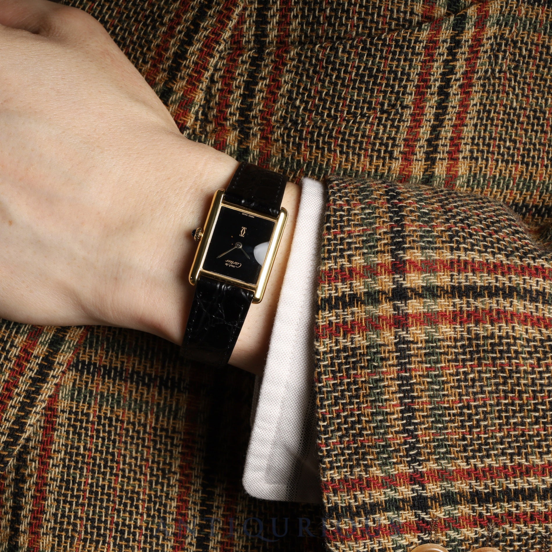 カルティエ マストタンク LM 手巻き Cal.78-1 SV925 革 純正尾錠（GP） オニキス文字盤 オーバーホール済み 新品仕上げ済み