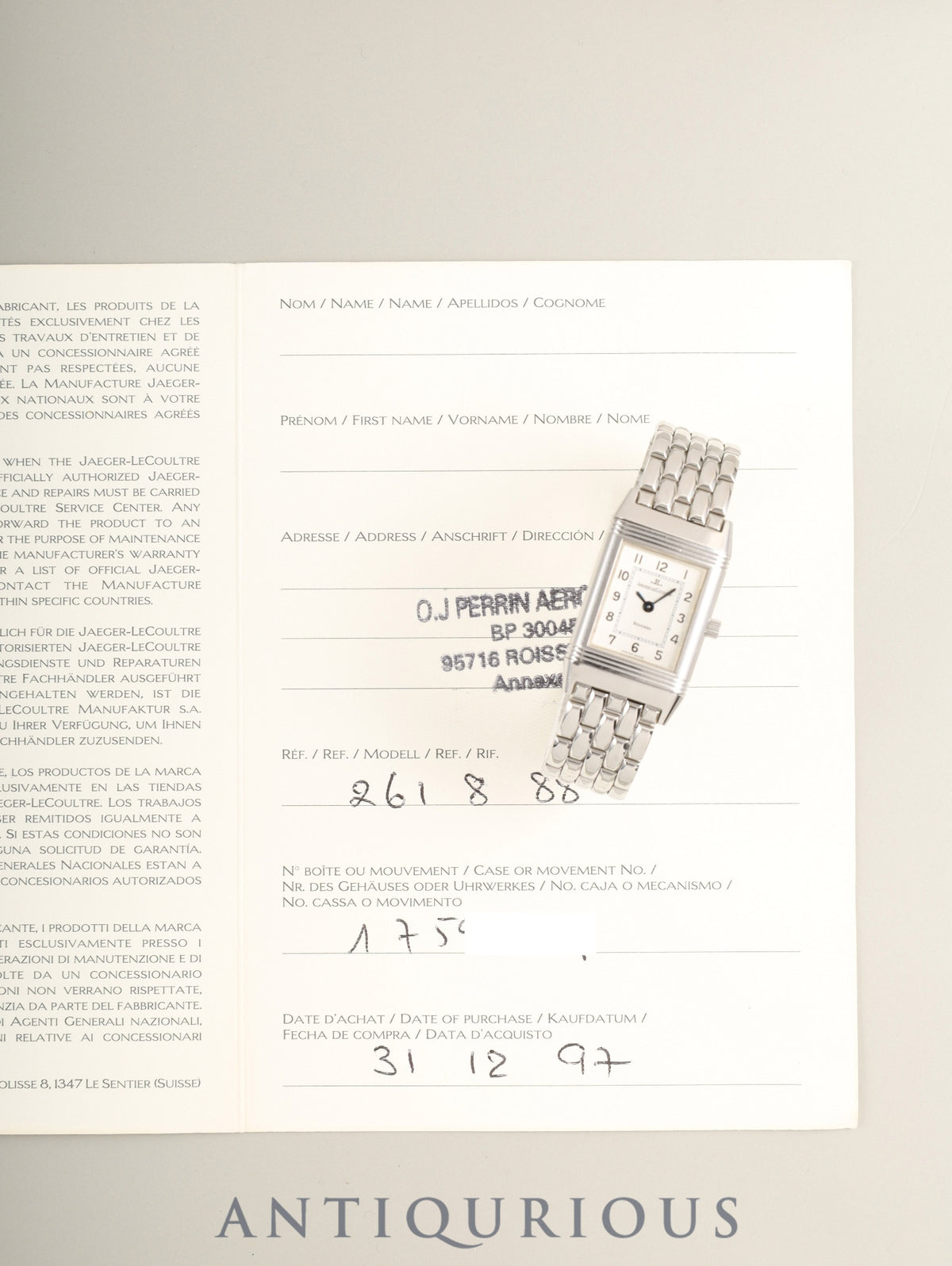 ジャガー・ルクルト レベルソ レディ 261.8.86 Cal.861-1 手巻き SS SS シルバーアラビア文字盤 （SWISS MADE表記） 保証書（1997年）オーバーホール済み