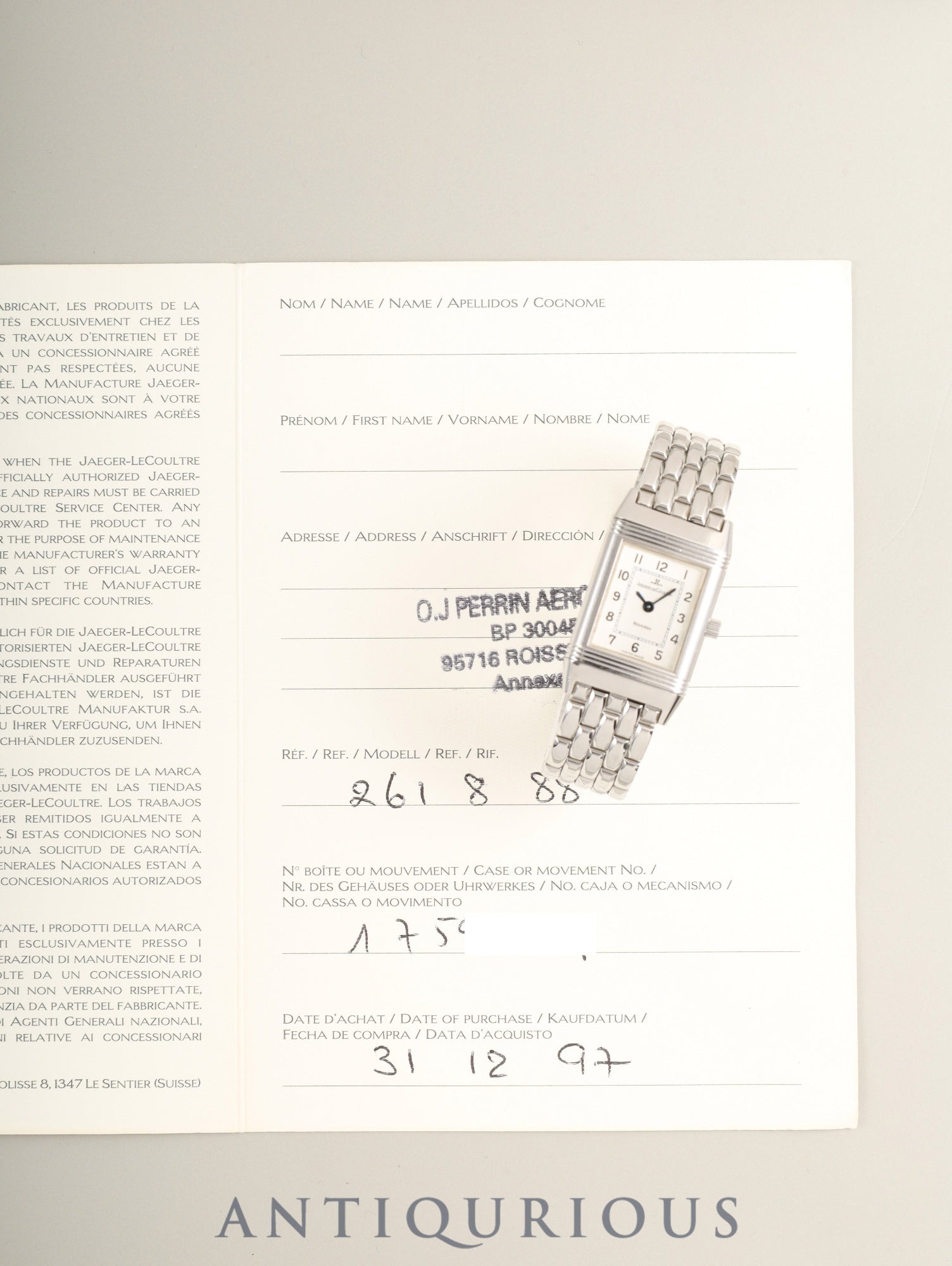ジャガー・ルクルト レベルソ レディ 261.8.86 Cal.861-1 手巻き SS SS シルバーアラビア文字盤 （SWISS MADE表記） 保証書（1997年）オーバーホール済み