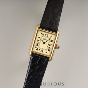 Cartier Must Tank MM 2415 Quartz Caliber 057 SV925 Leather Strap with Genuine GP Buckle, Ivory Roman Dial, Overhauled