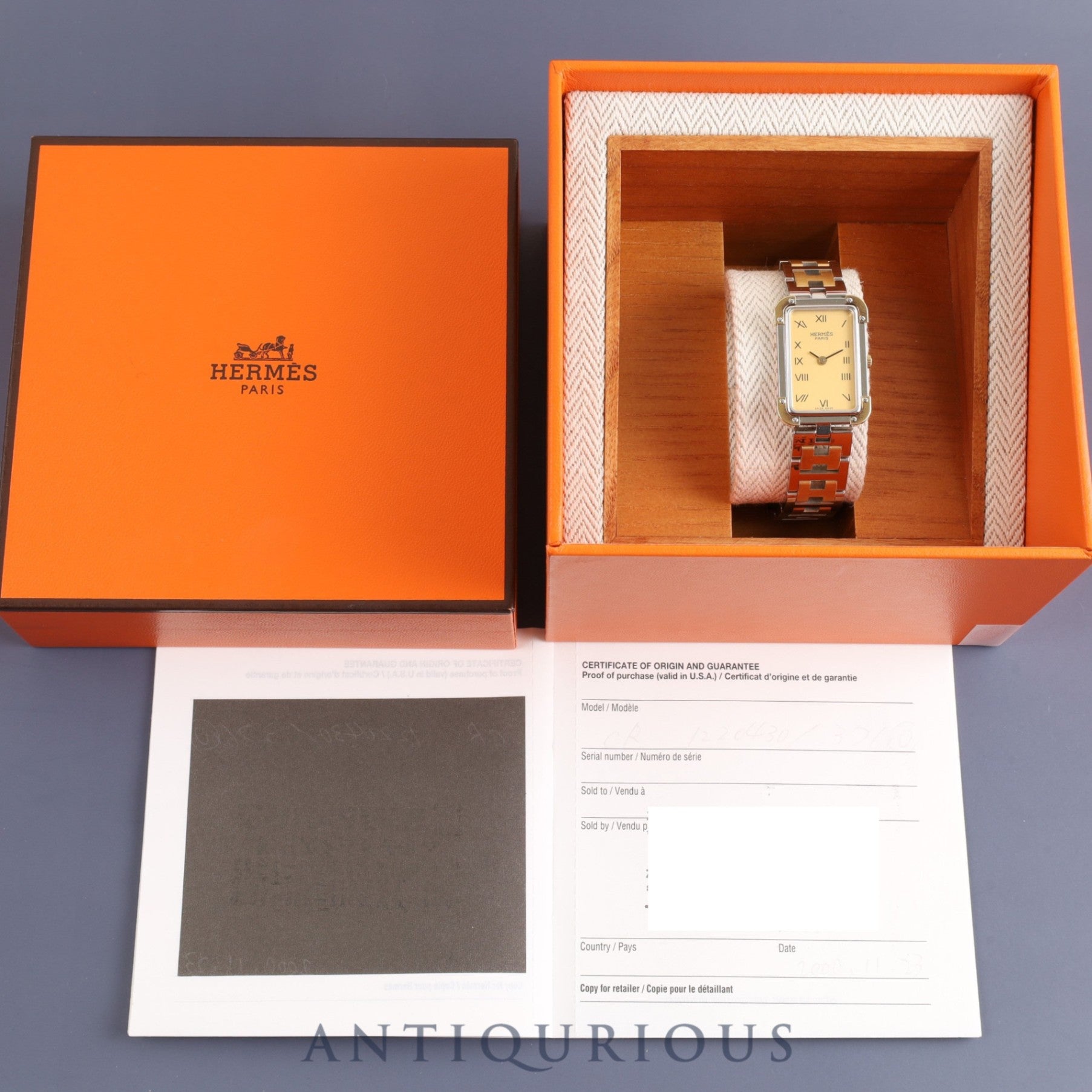 Hermes Cloajour CR1. 220 Quartz Cal.976.001 SS/GP Gold Dial Warranty (2000) Box Overhauled