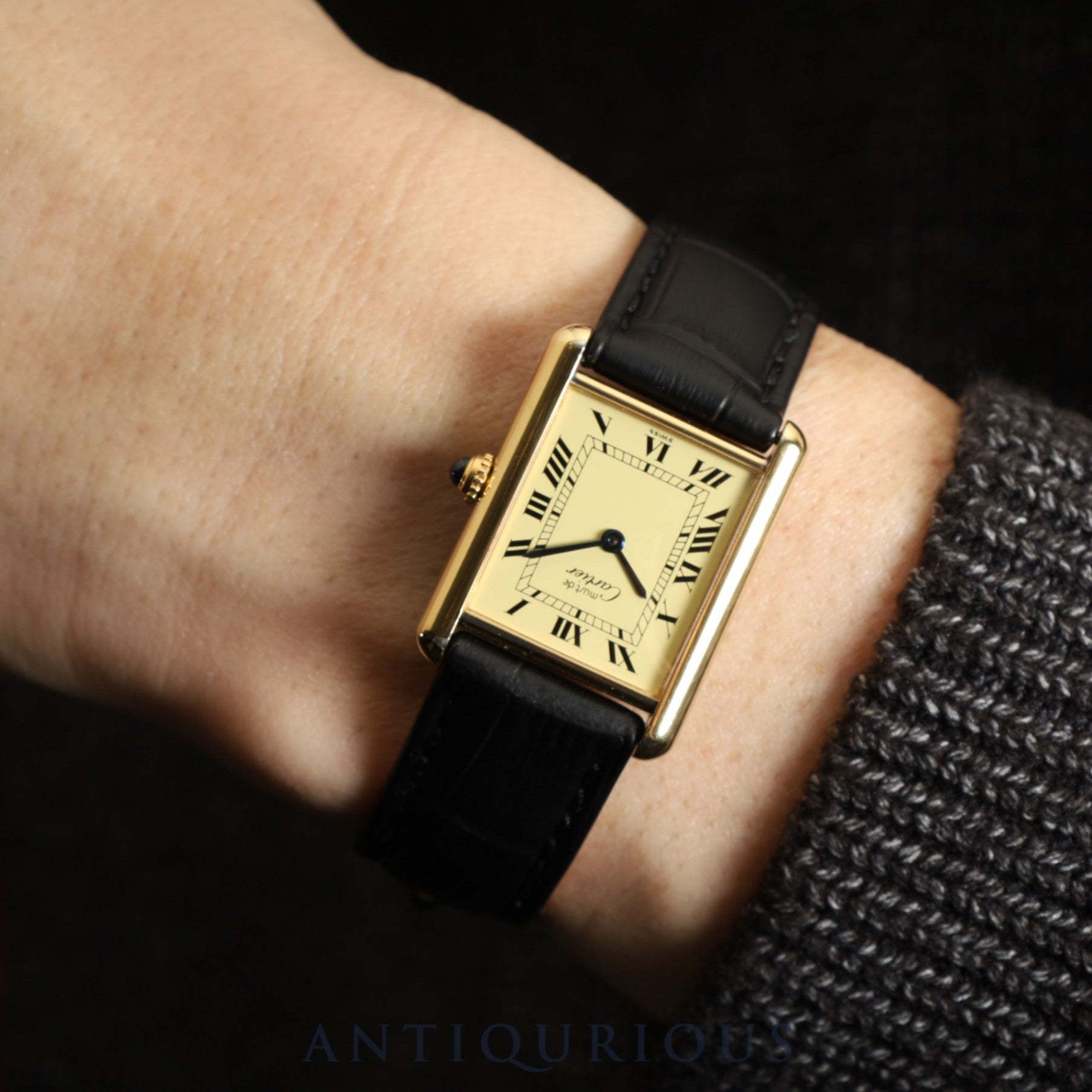 Cartier Must Tank LM 590005 Quartz Caliber - SV925 Leather Strap with Genuine GP Buckle, Ivory Roman Dial, Circa 1982-Circa 1995, Overhauled