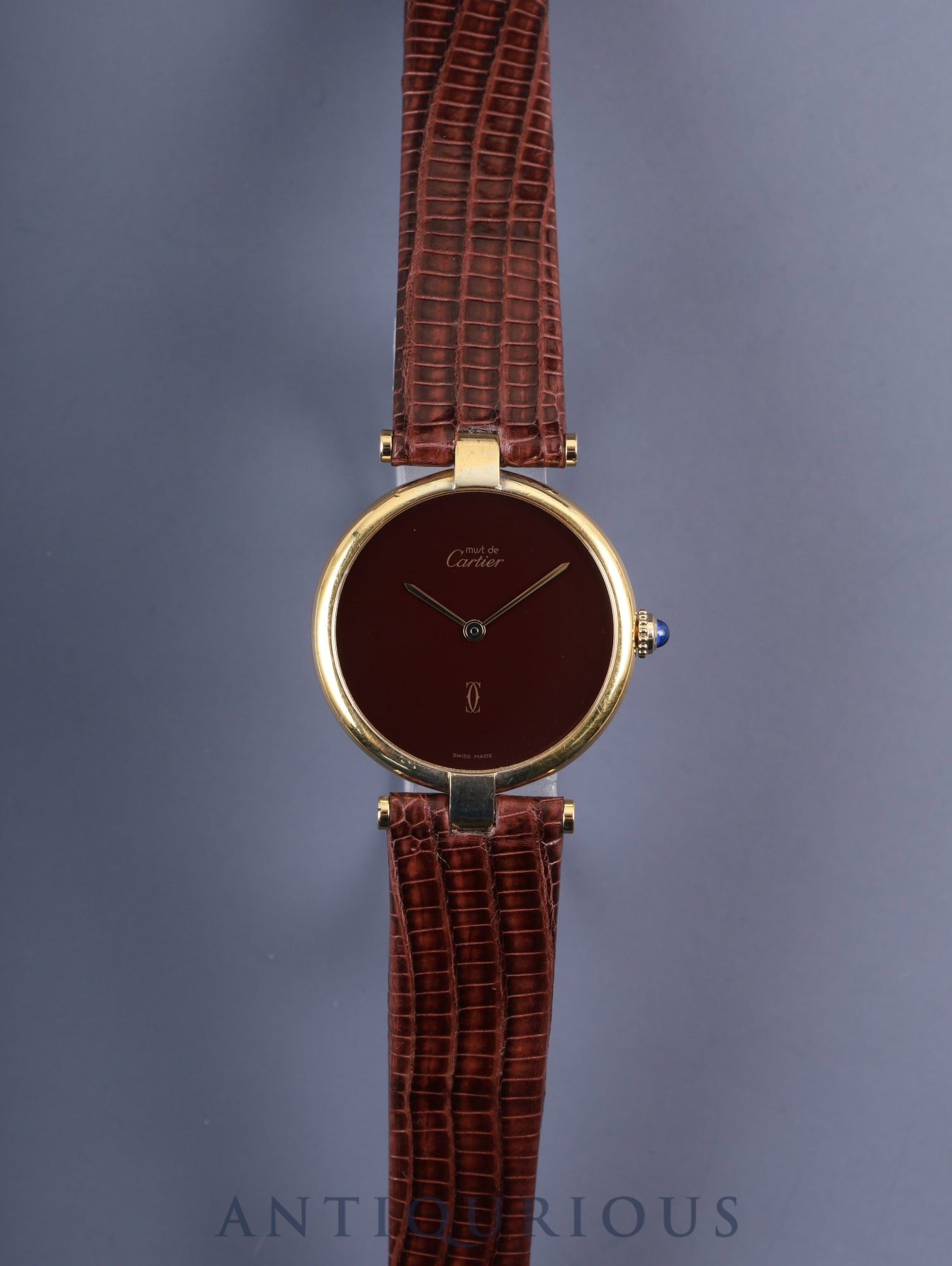 カルティエ マスト ヴァンドーム VLC LM クォーツ SV925 革 純正尾錠（GP）ボルドー文字盤 ガーネットダイアル カルティエブティックにてコンプリートサービス済み