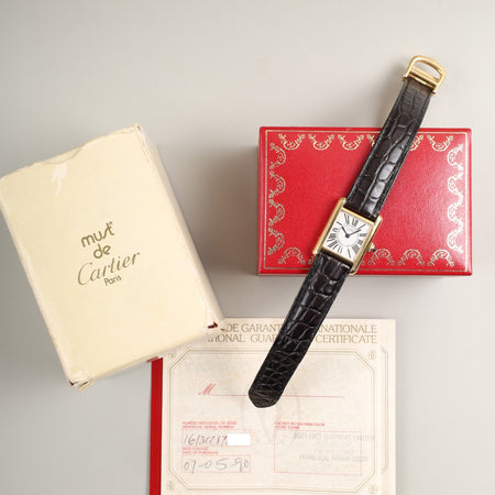 カルティエ マストタンク SM 1613 クォーツ Cal.057  SV925 純正革ベルト  純正Dバックル（GP）オパラン文字盤（SWISS表記）箱 冊子 保証書（1990年） オーバーホール済み