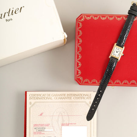 カルティエ タンク ミニ W1501856 / 1360 クォーツ Cal.280002 750YG 社外革ベルト 純正ピンバックル（750YG）アイボリーローマン文字盤（SWISS表記）箱 冊子 保証書（1996年）オーバーホール済み