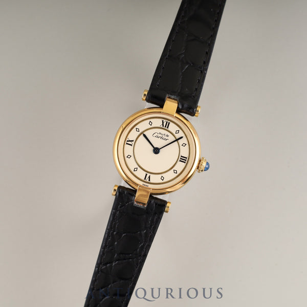 Cartier Must Vendôme VLC SM 590004 Quartz Caliber 90 SV925 Leather Strap with Genuine GP Buckle, Ivory 4-Point Roman Dial, Overhauled