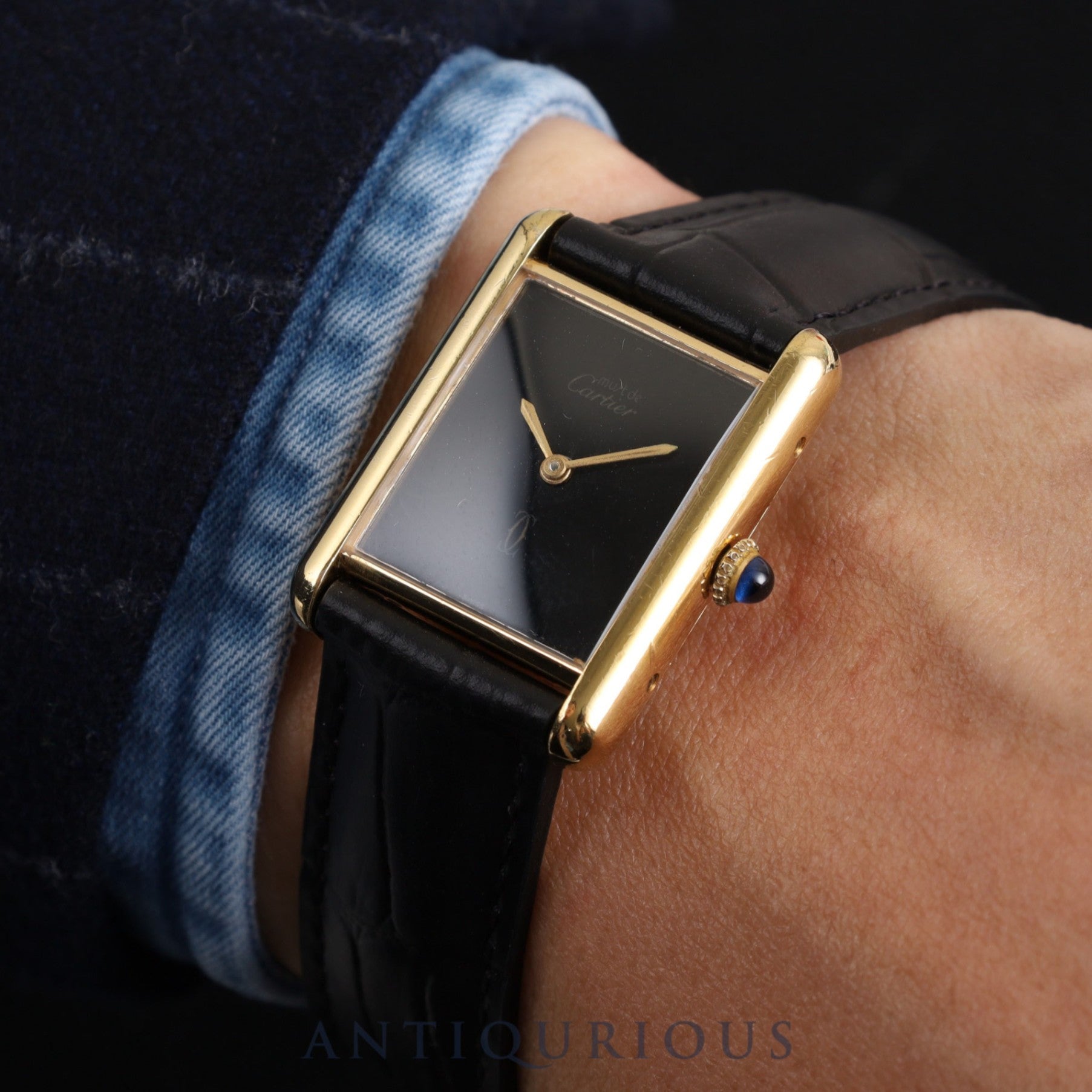 Cartier Must Tank LM Manual winding Cal.78-1 SV925 Leather Genuine D buckle (GP) Onyx dial Overhauled and refinished