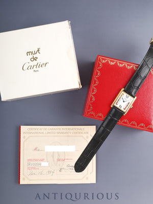 Cartier Must Tank LM 590005 Quartz Caliber 690 SV925 Leather Strap with Genuine D-Clasp (GP) Side Trinity Dial (SWISS Marking) Box, Booklet, Warranty Card (1994) Overhauled