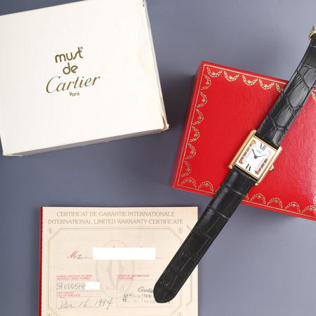 カルティエ マストタンク LM 590005 クォーツ Cal.690 SV925 革 純正Dバックル（GP）サイドトリニティ文字盤（SWISS表記）箱 冊子 保証書（1994年）オーバーホール済み