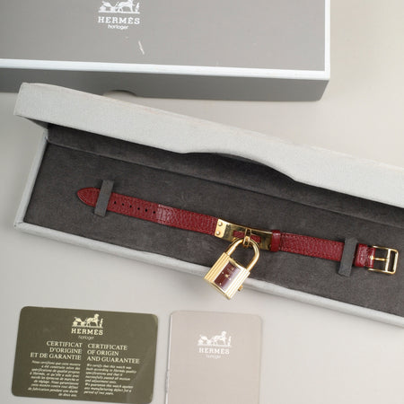 エルメス ケリーウォッチ 39.01 クォーツ  GP 純正革ベルト（○U刻：1991年）社外尾錠（GP） ボルドー文字盤 箱 保証書（1993年）オーバーホール済み