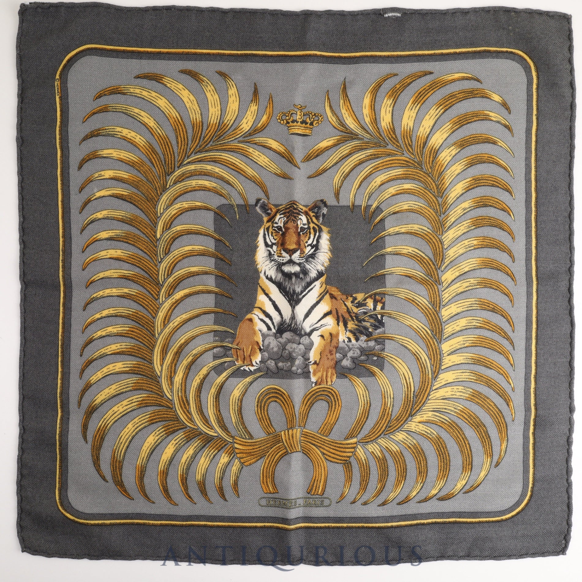 Hermes scarf Carre 45 King of the Tiger Grey CASHMERE 65% SILK 35%