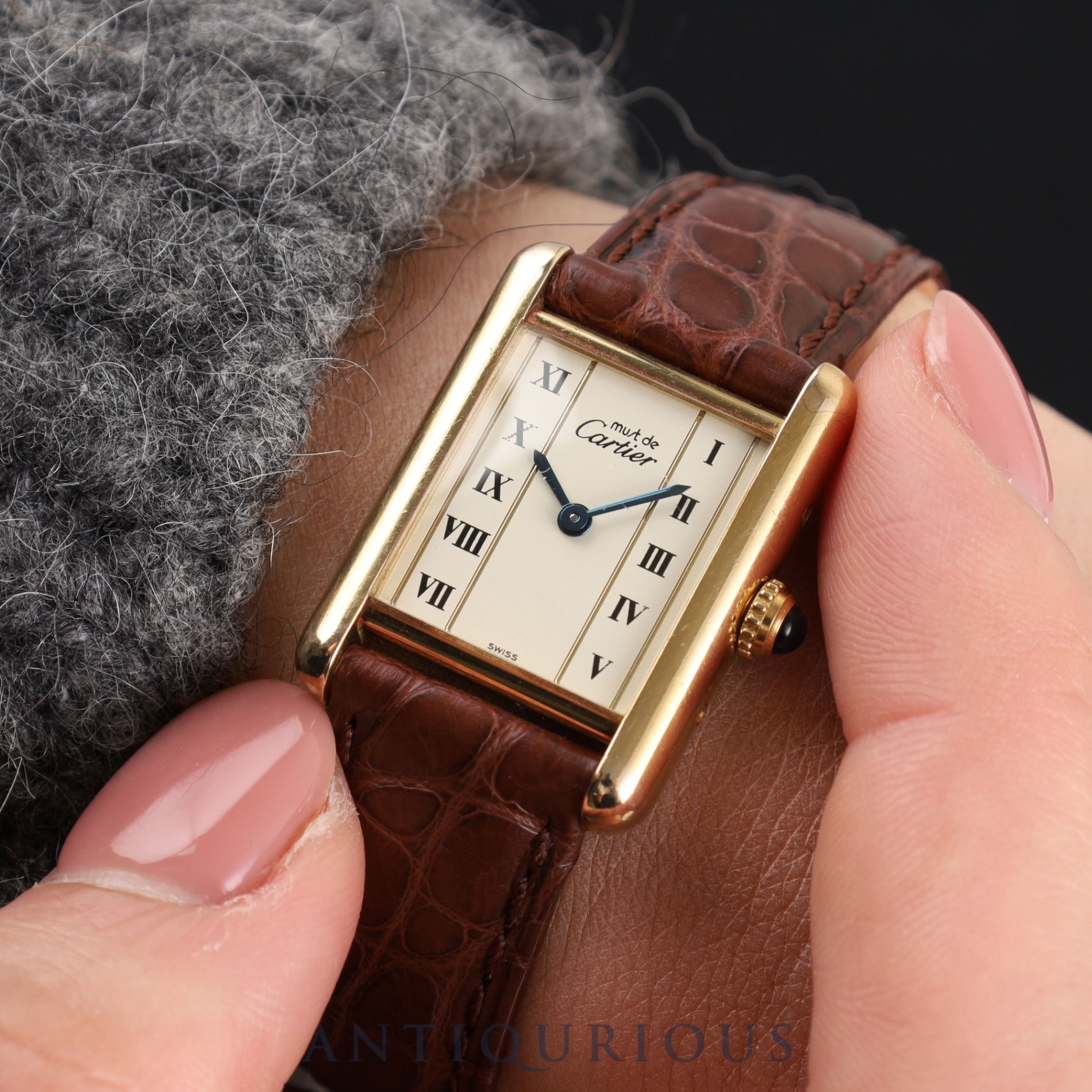 Cartier Must Tank SM1613 Quartz Cal.057 SV925 Leather Genuine Buckle (GP) Straight Roman Dial Overhauled