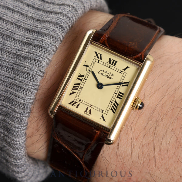 Cartier Must Tank LM W1002754/1615 Quartz Cal.90 SV925 Leather Genuine Buckle (GP) Ivory Roman Dial Overhauled and Finished to Like New