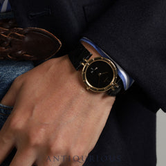 Corum Round 94.129.56 Quartz Cal.211 101 18KYG Leather Genuine Buckle (GP) Black Dial Box Warranty (1991) Overhauled