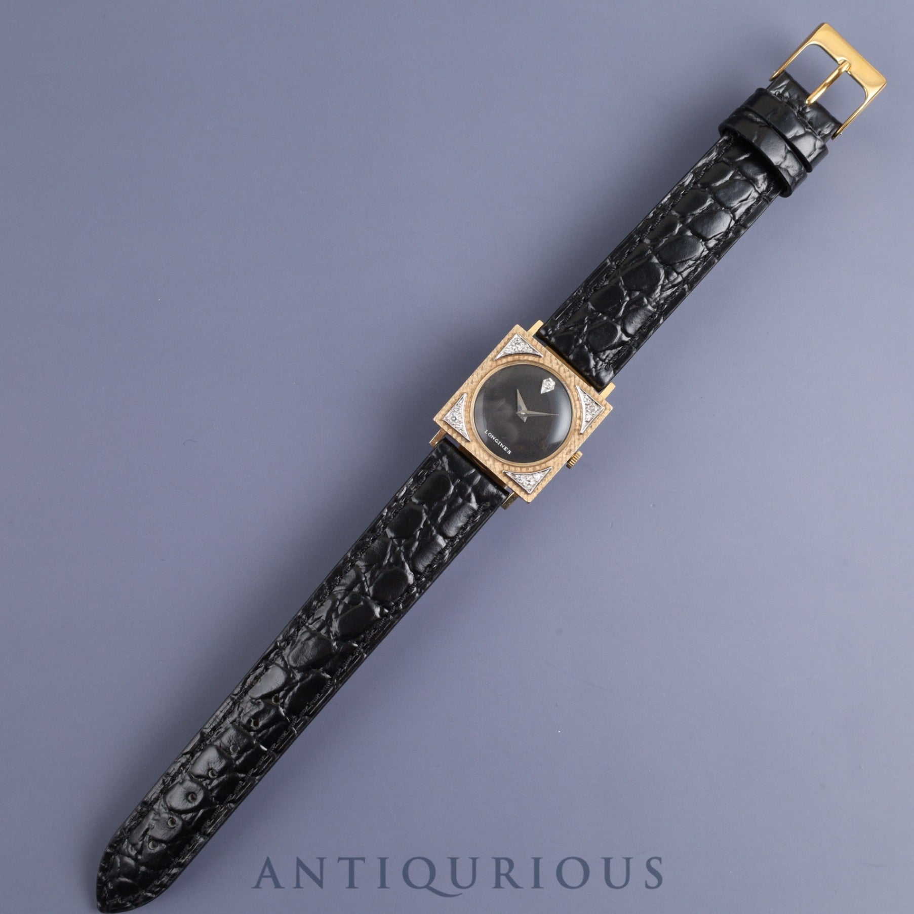 Longines Tuxedo Watch, Hand-wound, Cal.528, 14KT, Leather, Black Dial, 25.5 x 25.5mm, 1950s, Overhauled