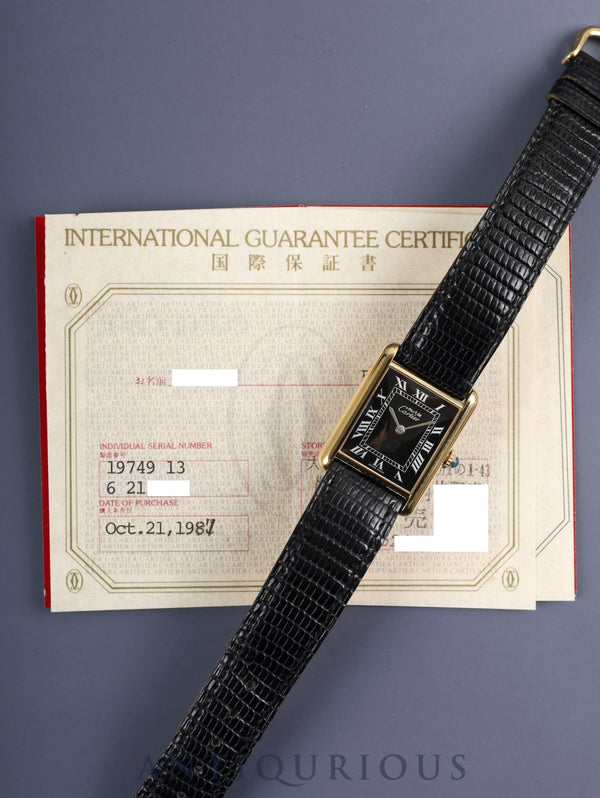 Cartier Must Tank LM 19749 13 Manual Winding SV925 Genuine Leather Strap Genuine Buckle (GP) Black Roman Dial Warranty (1987) Completely Serviced at a Cartier Boutique