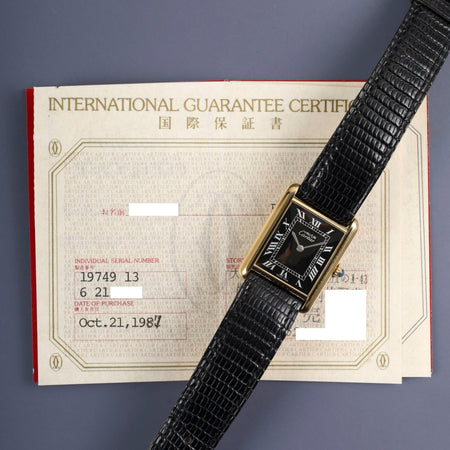 カルティエ マストタンク LM 19749 13 手巻き SV925 純正革ベルト 純正尾錠（GP） ブラックローマン文字盤 保証書（1987年） カルティエブティックにてコンプリートサービス済み