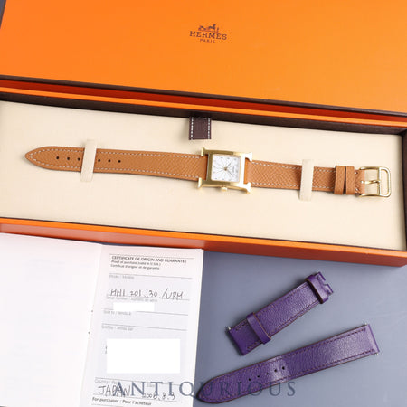 Hermes H Watch HH1.201 Quartz GP Leather Genuine Buckle (SS) White Dial Box Warranty (2006) Genuine Leather Strap Overhauled