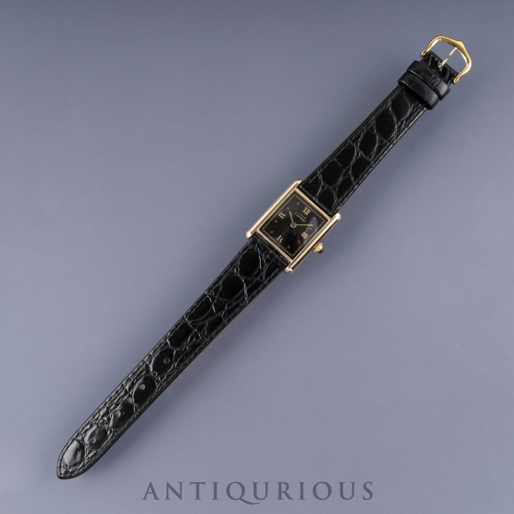 カルティエ マストタンク LM 590005 クォーツ Cal.- SV925 革 純正尾錠（GP）ブラック飛びローマン文字盤 1982年頃～1995年頃 カルティエブティックにてコンプリートサービス済み